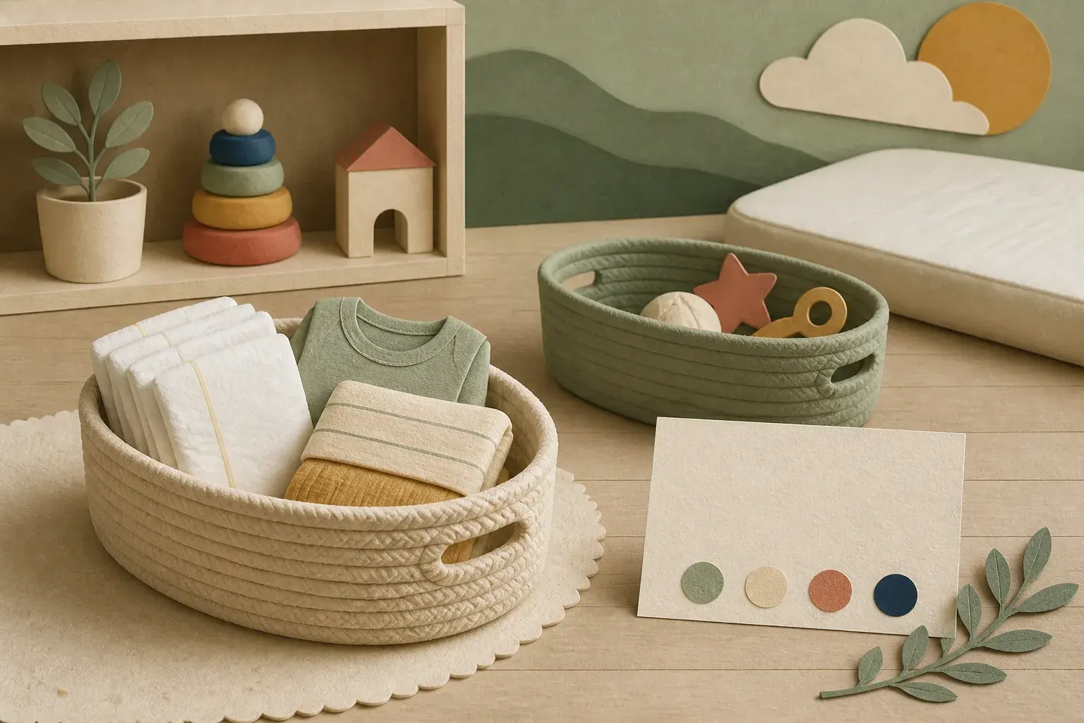 Editorial paper-collage illustration contrasting a small essentials basket with a quieter shelf of optional baby items