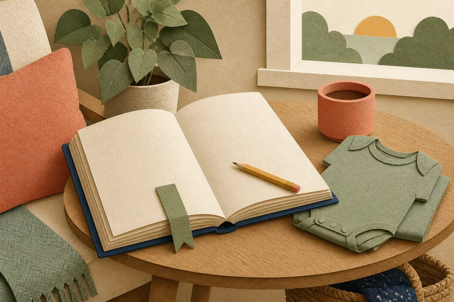 Editorial paper-collage illustration of an open practical book, pencil, bookmark, folded baby onesie, and cup