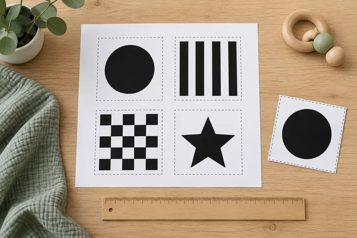 A4 sheet with four black-and-white baby card designs arranged with cutting margins and a wooden ruler