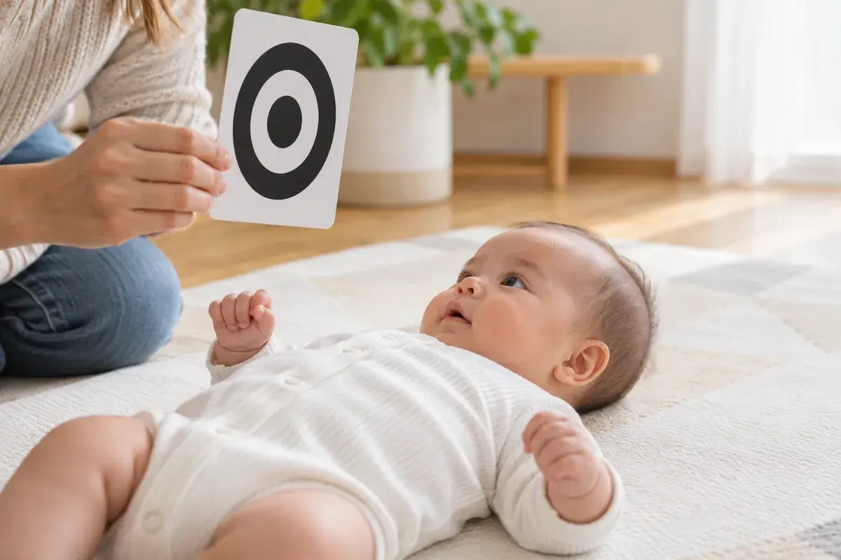 Caregiver holding one black-and-white card about 20 to 30 centimeters from an awake newborn on a play mat