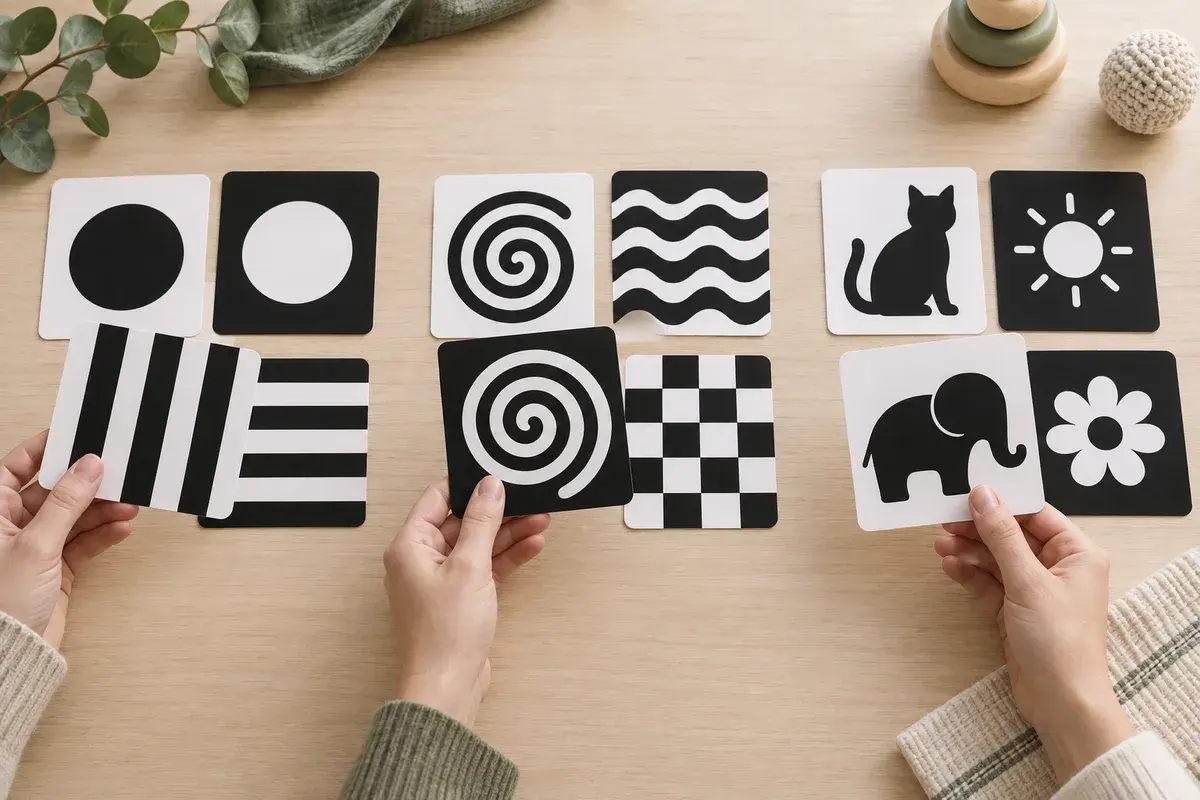 Three groups of black-and-white baby cards progressing from simple geometry to tracking patterns and animal silhouettes