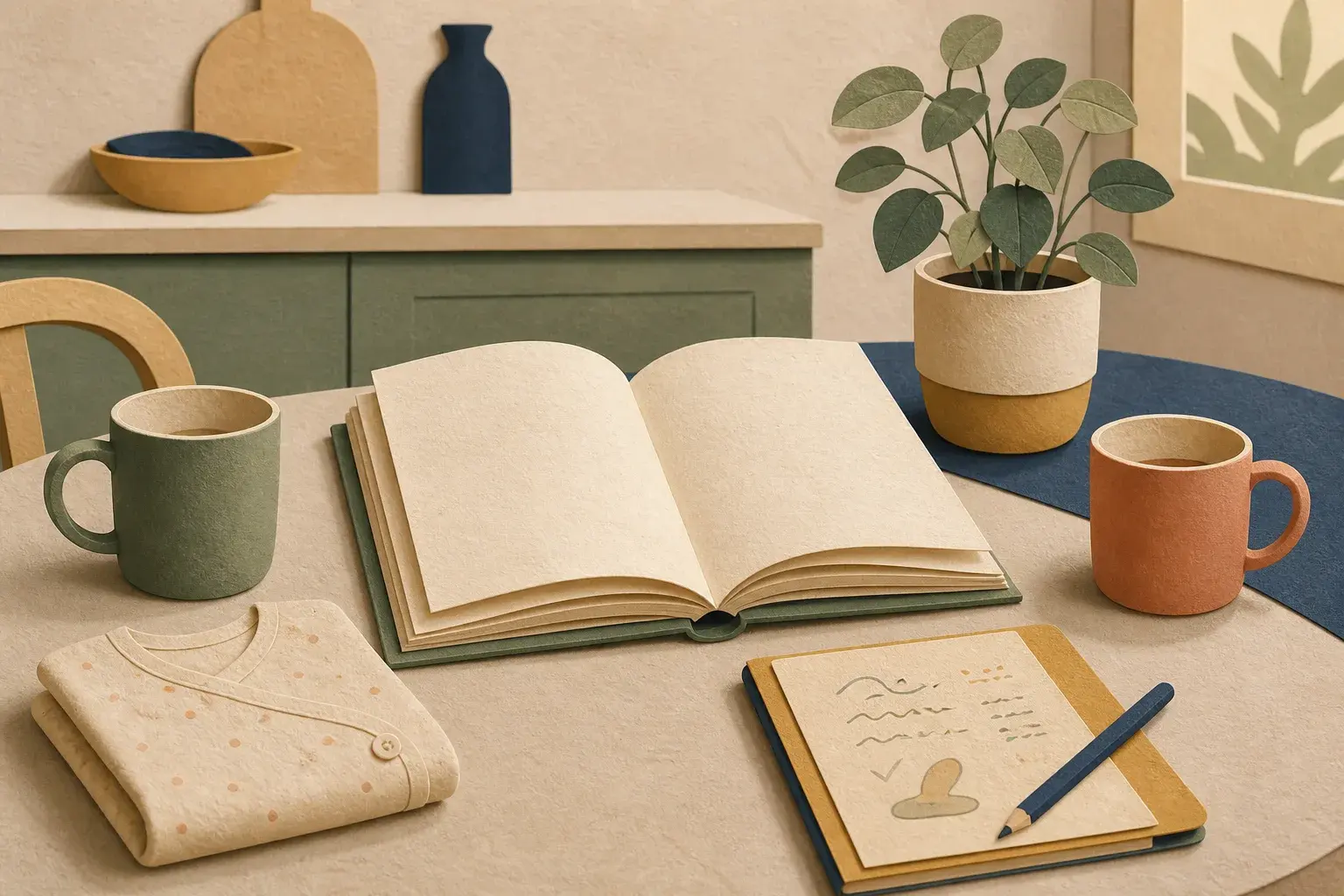 Editorial paper-collage illustration of an open book, two mugs, notebook, plant, and folded newborn garment