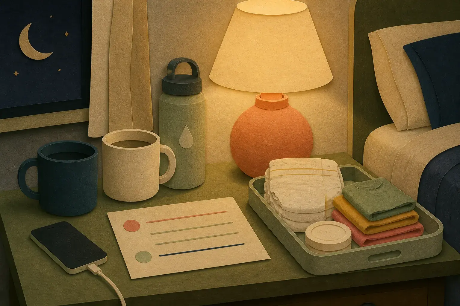 Editorial paper-collage illustration of a nighttime handoff setup with mugs, lamp, water, diaper tray, charger, and blank card
