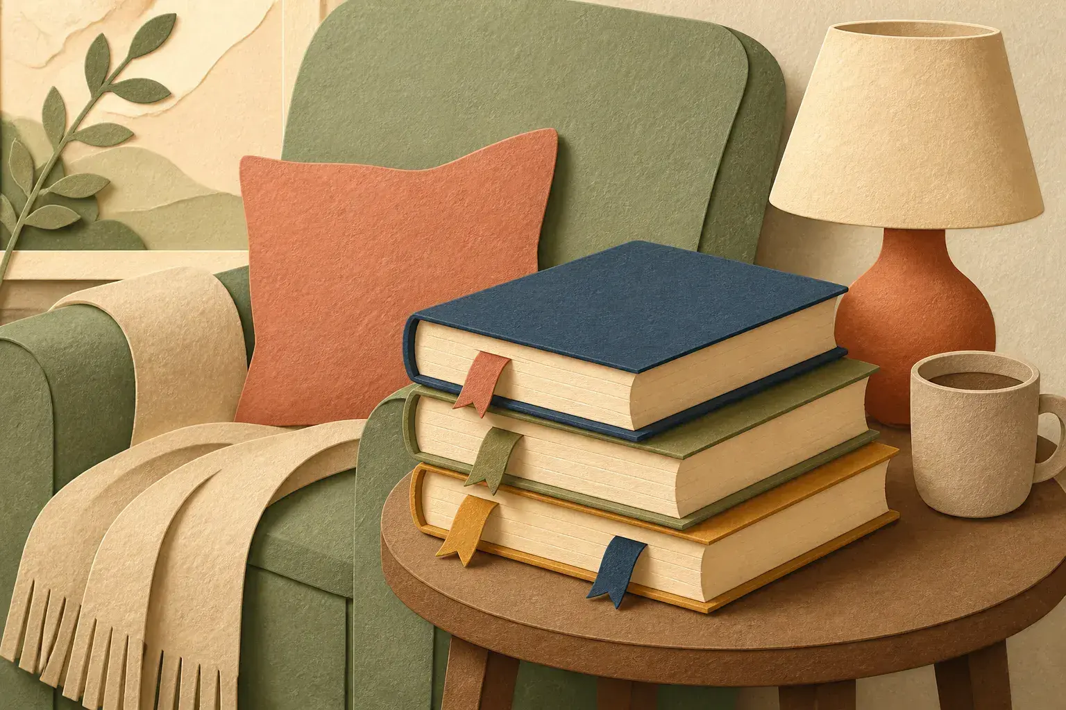 Editorial paper-collage illustration of a stack of books with colored bookmarks beside an armchair, lamp, and mug