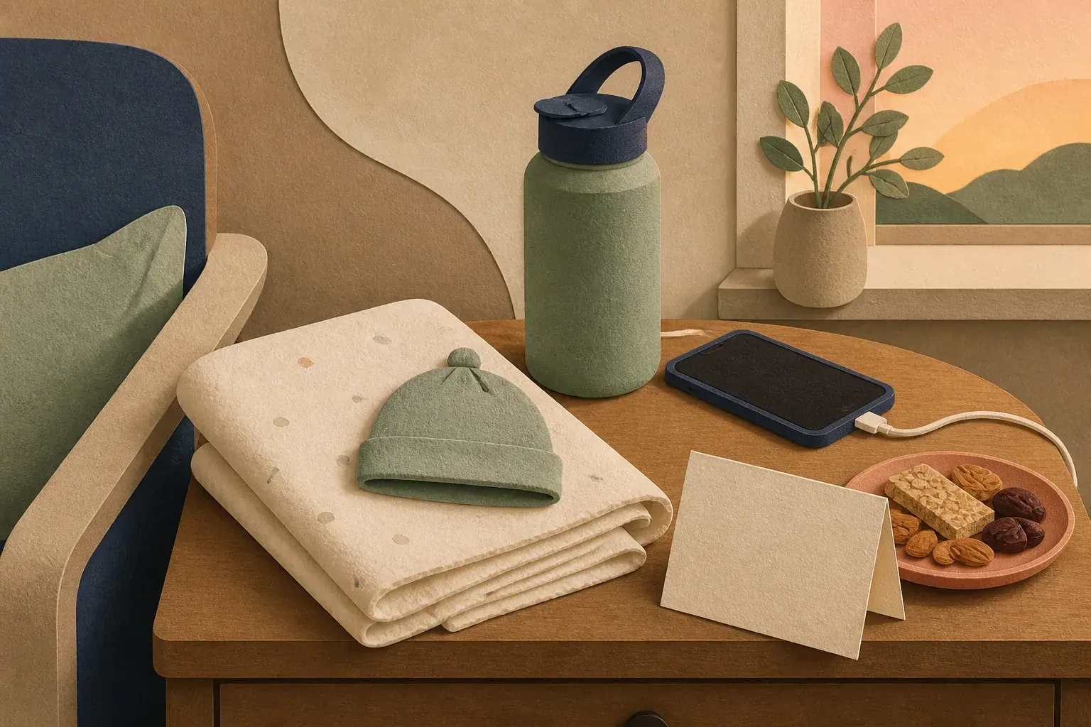 Editorial paper-collage illustration of a first-day recovery tray with baby blanket, water, phone, snack, charger, and blank card