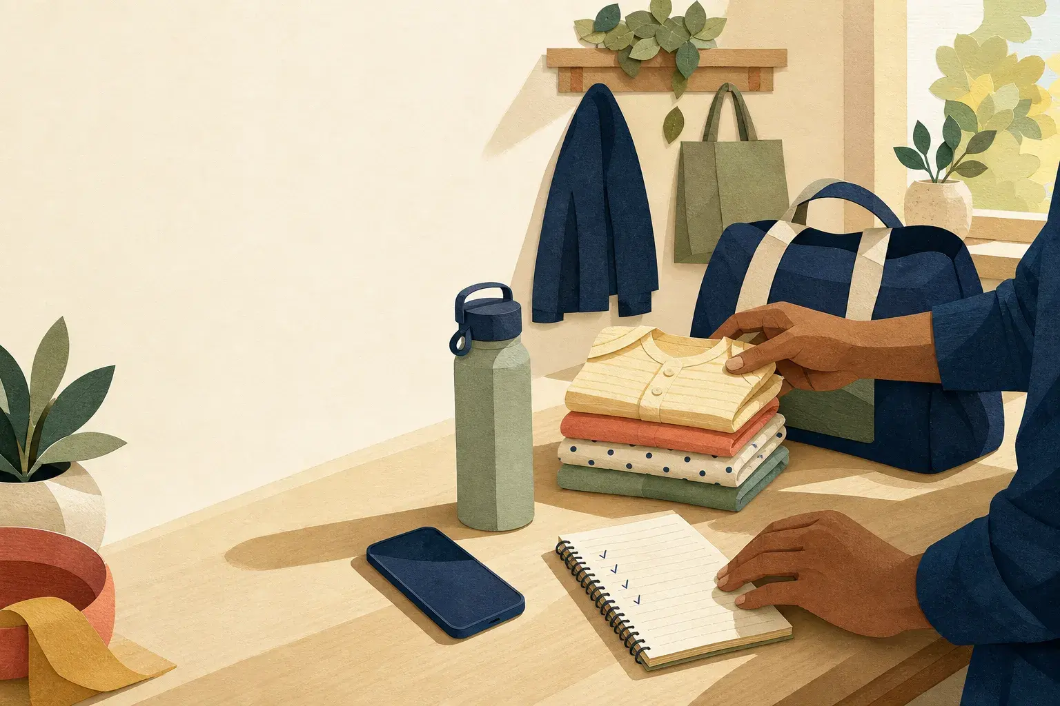 Editorial illustration of a new dad organizing baby clothes, a notebook, and a practical carry bag