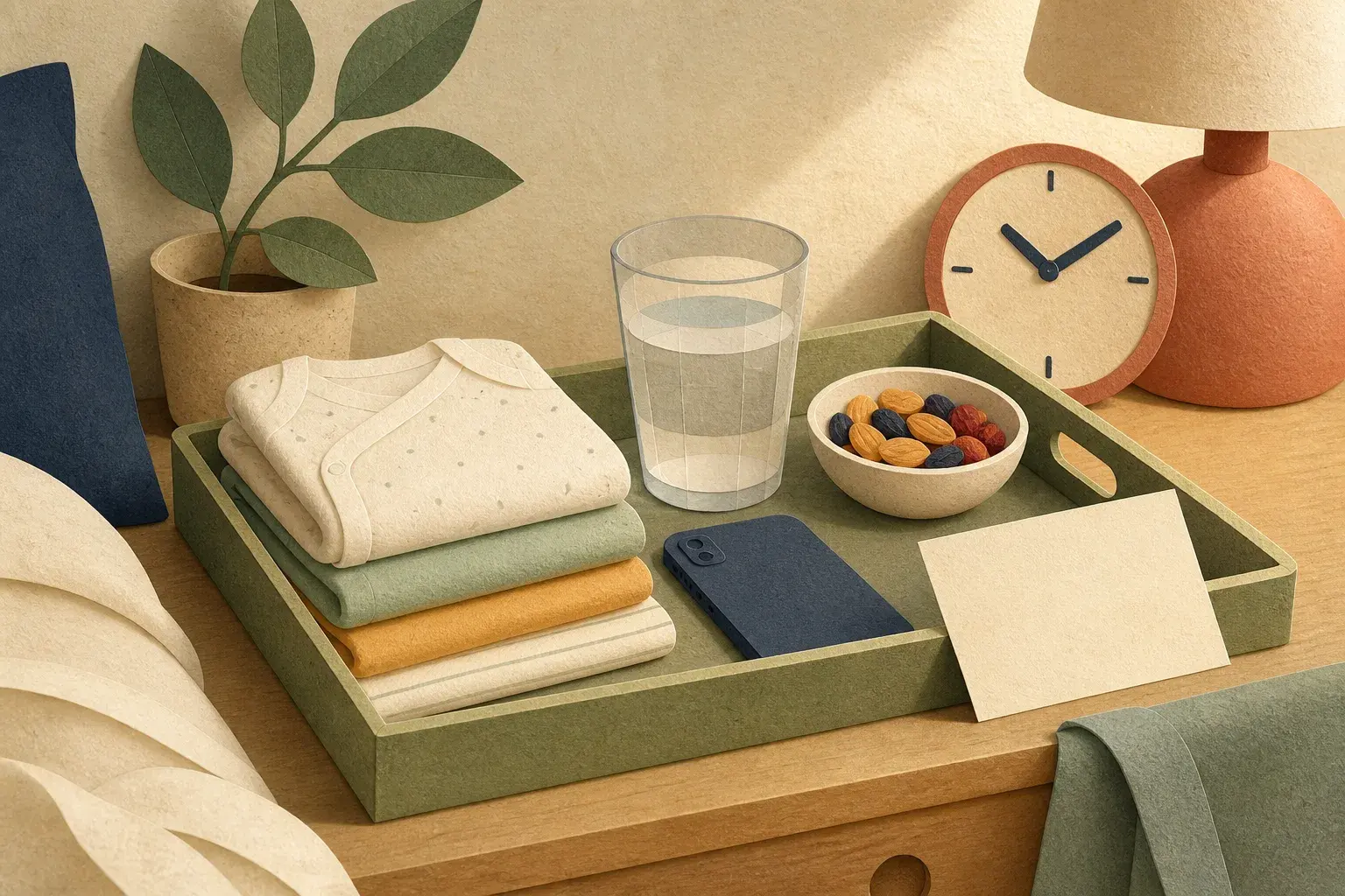 Editorial paper-collage illustration of a newborn-week care tray with folded clothes, water, snack, phone, and blank note card