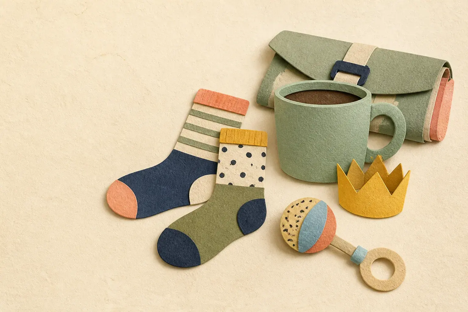 Playful editorial paper-collage illustration of mismatched socks, a mug, a tiny paper crown, and a baby rattle