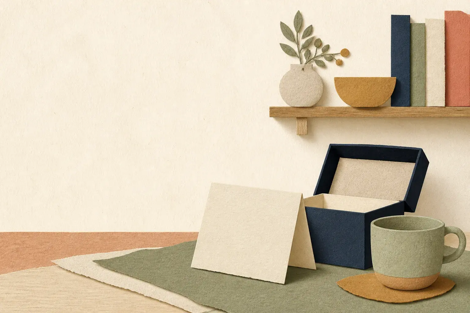 Editorial paper-collage illustration of a quiet gift box, blank card, ceramic cup, and curated shelf