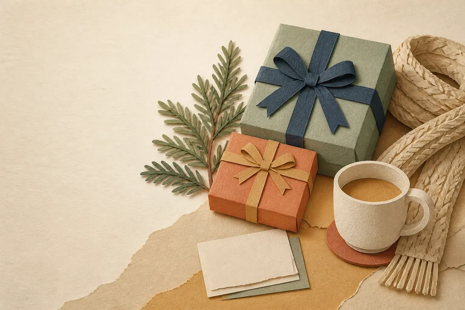 Editorial paper-collage illustration of wrapped gifts, an evergreen sprig, a warm mug, and a blank card