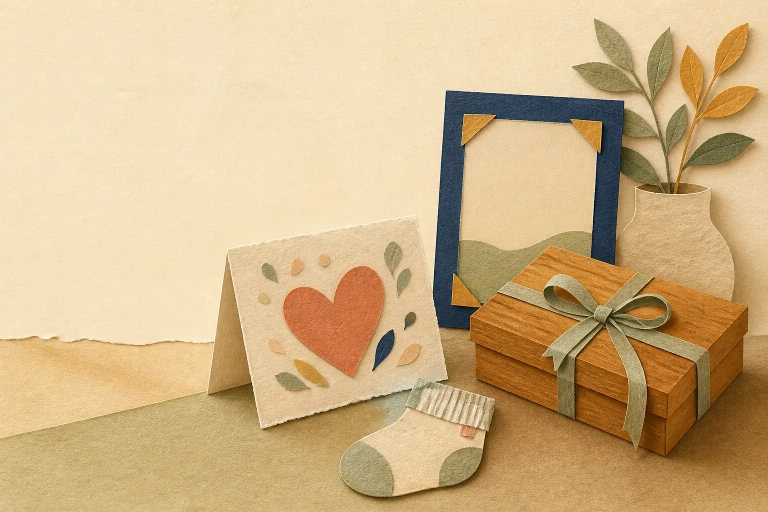 Editorial paper-collage illustration of a keepsake card, tiny baby sock, framed photo, and wooden gift box
