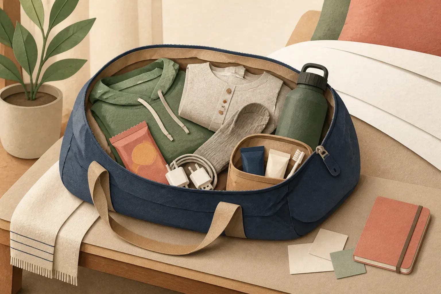 Editorial paper-collage illustration of an open hospital bag with comfortable layers, toiletries, charger, water bottle, and notebook