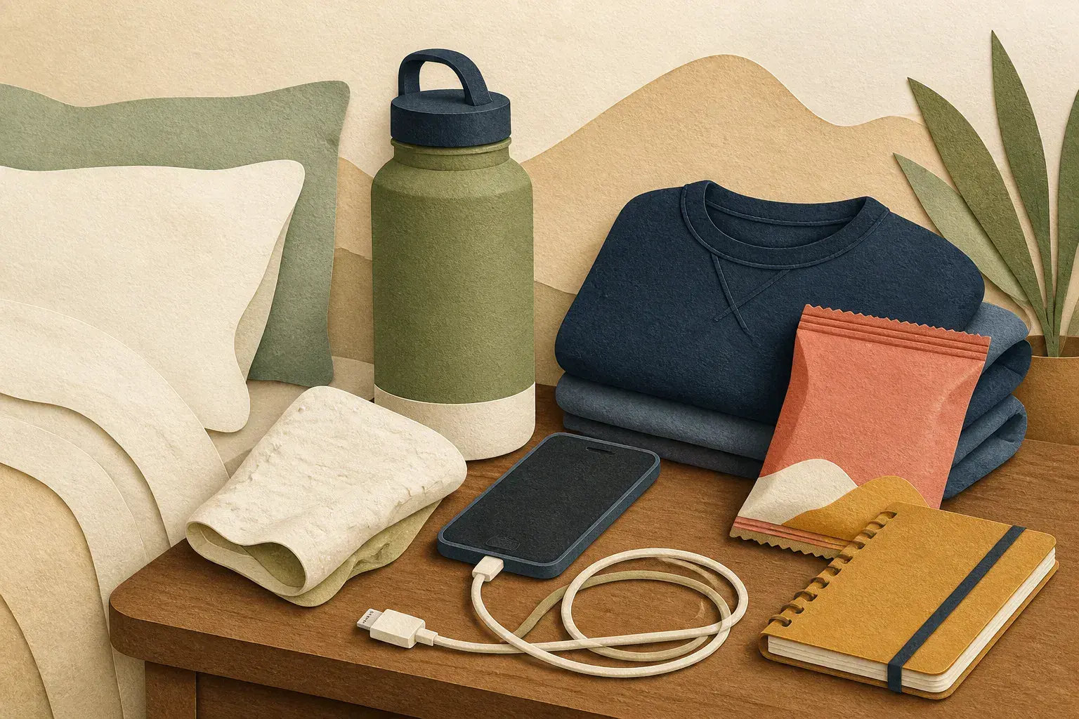 Editorial paper-collage illustration of a calm labor-day support kit with water, charger, comfort cloth, and folded sweatshirt