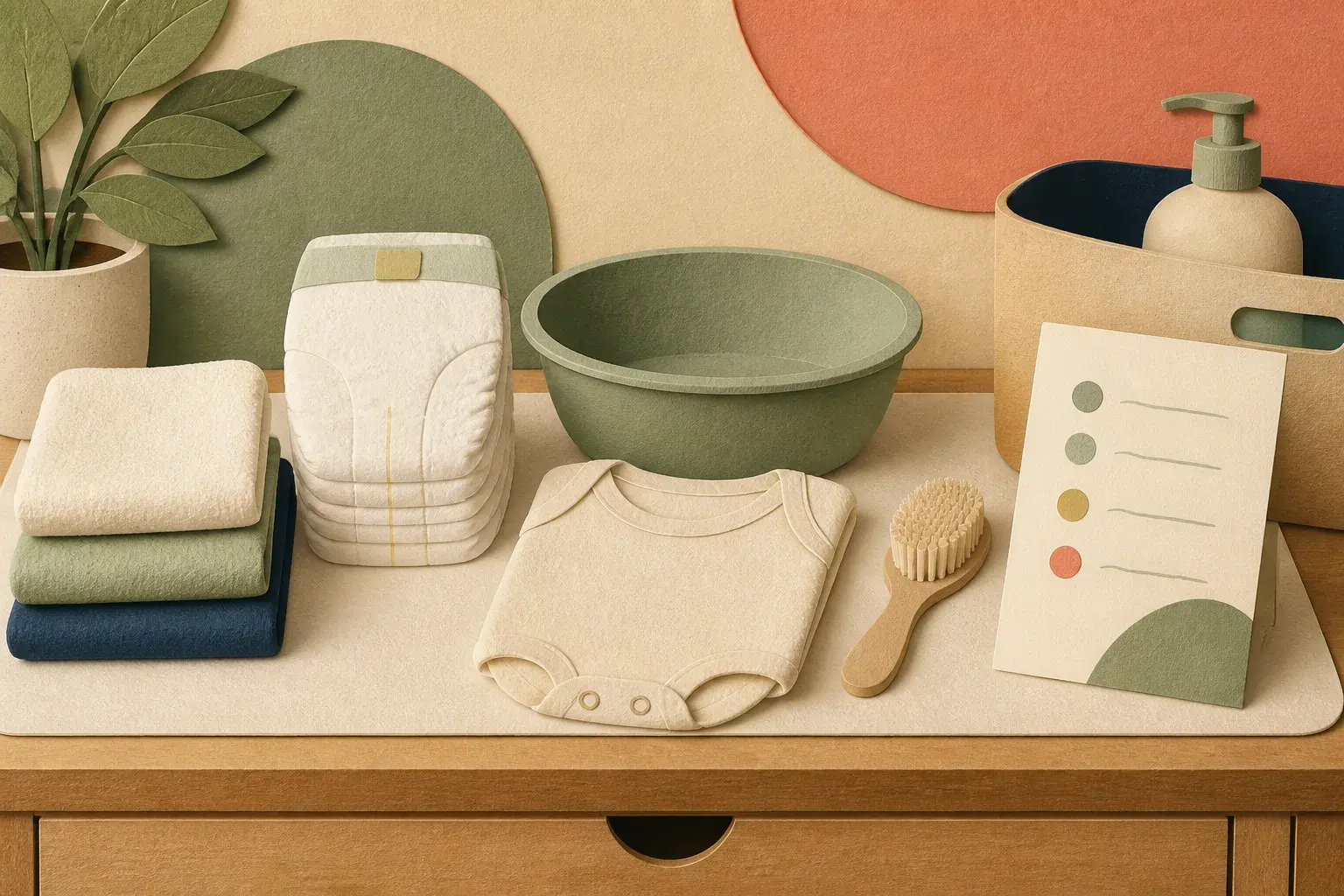 Editorial paper-collage illustration of an organized newborn care station with baskets, diapers, clothes, and blank routine card