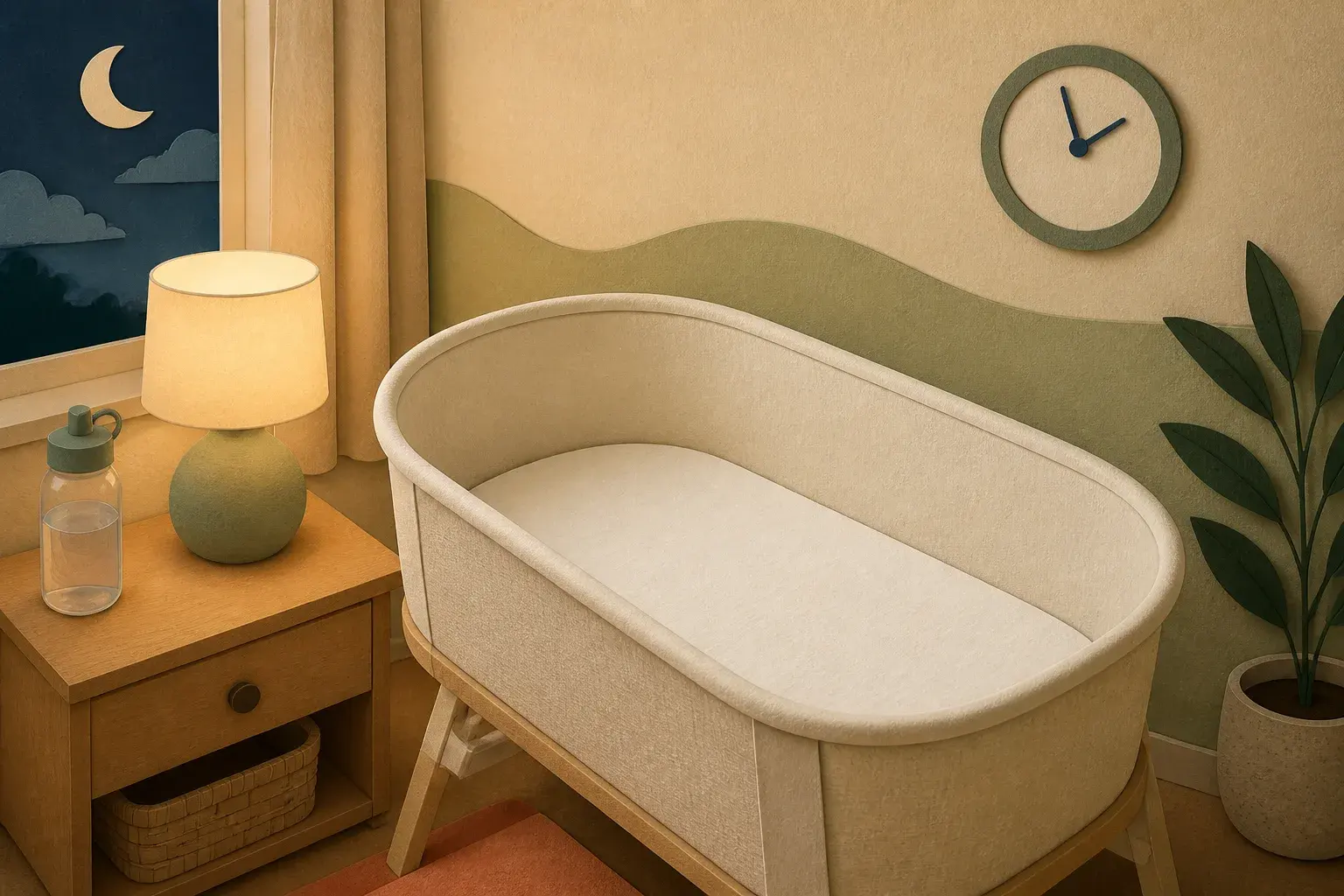 Editorial paper-collage illustration of an empty bassinet with a firm fitted surface, bedside lamp, and adult water bottle