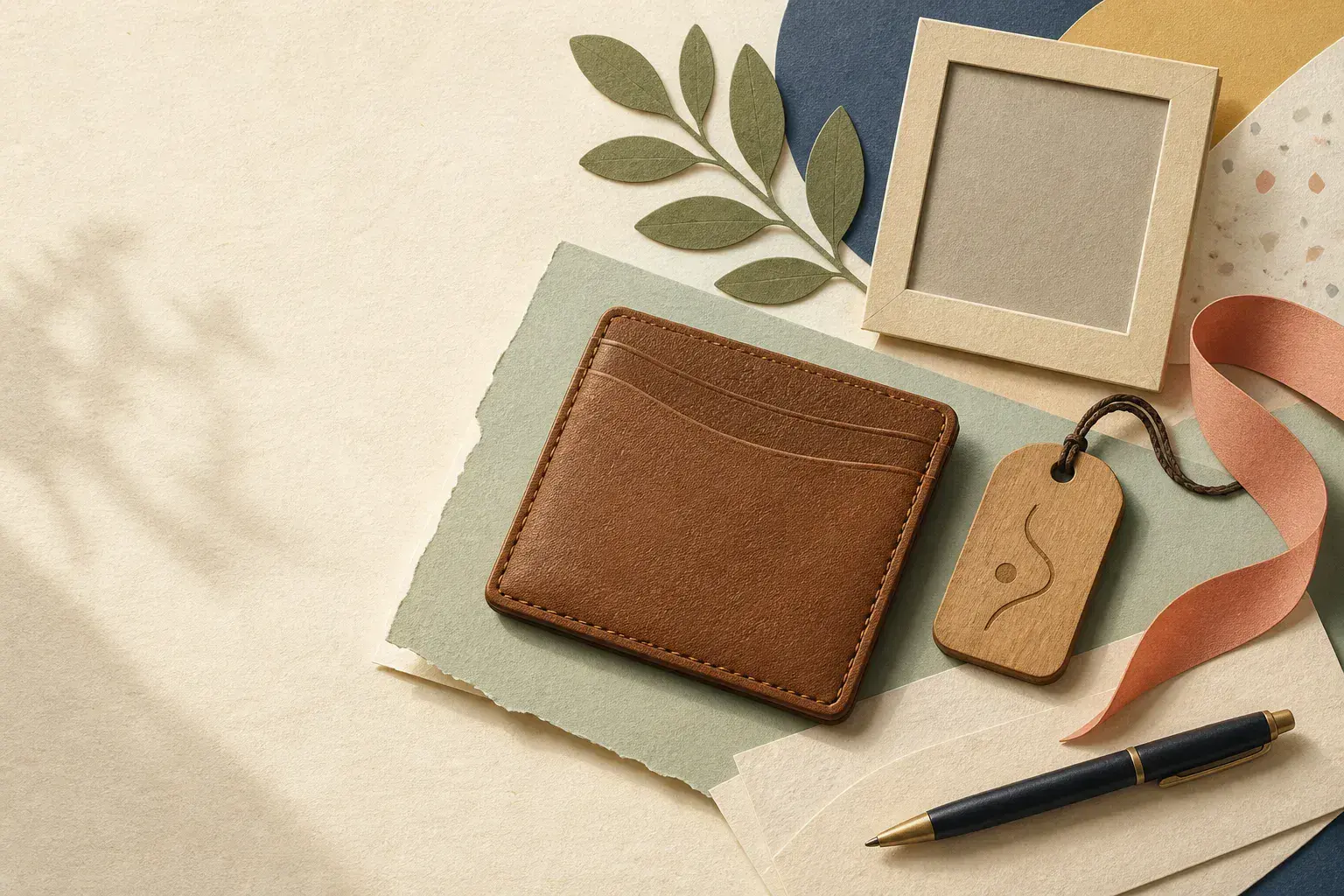 Editorial paper-collage illustration of a leather card holder, abstract wooden tag, ribbon, and blank frame