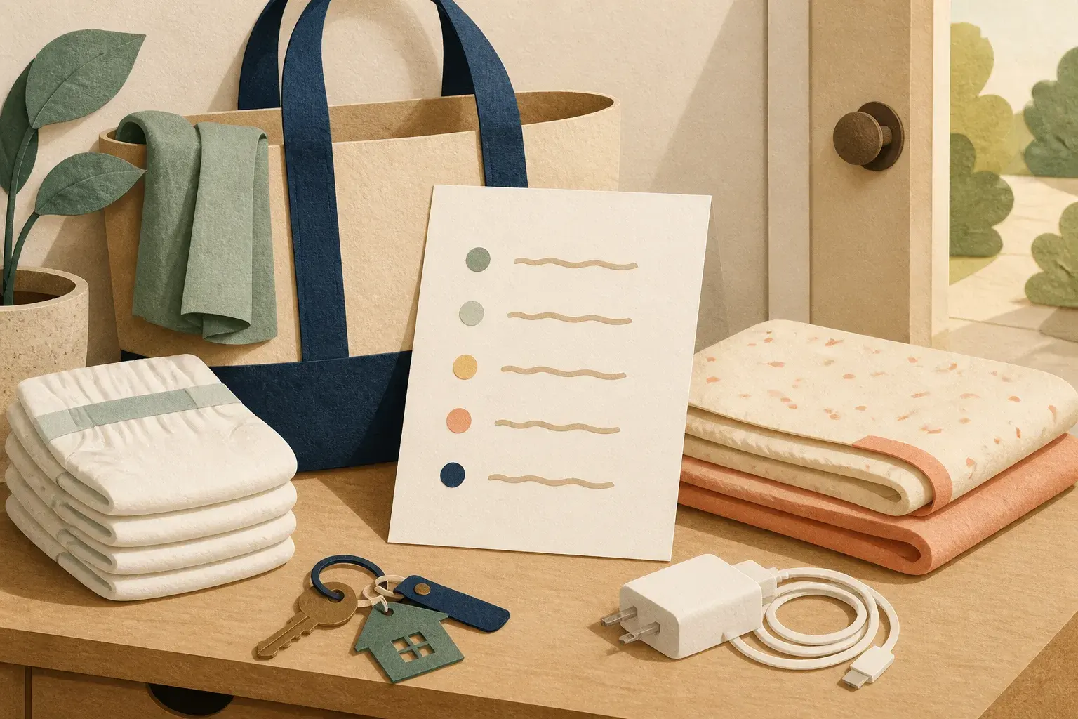 Editorial paper-collage illustration of a before-birth preparation table with blank checklist, keys, diapers, blanket, charger, and tote