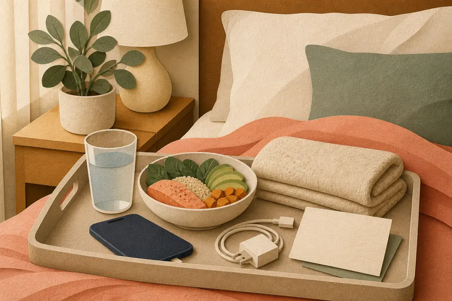 Editorial paper-collage illustration of a bedside care tray with water, meal, folded blanket, phone, charger, and note