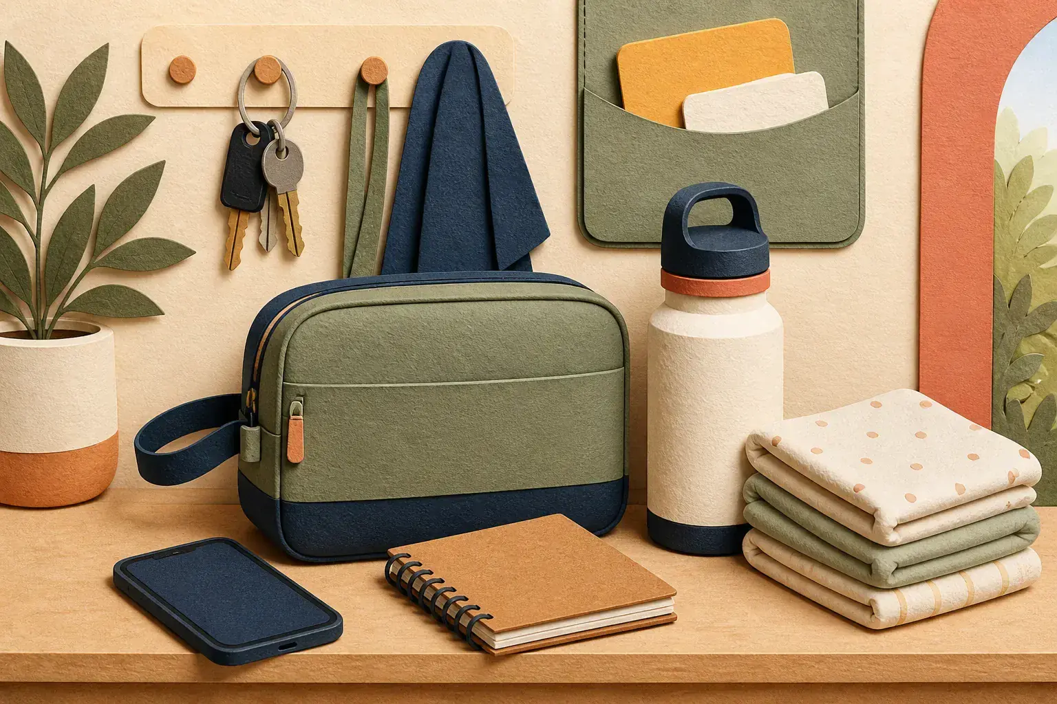 Editorial paper-collage illustration of a new dad home command station with a carry pouch, bottle, phone, keys, and baby-care cloths