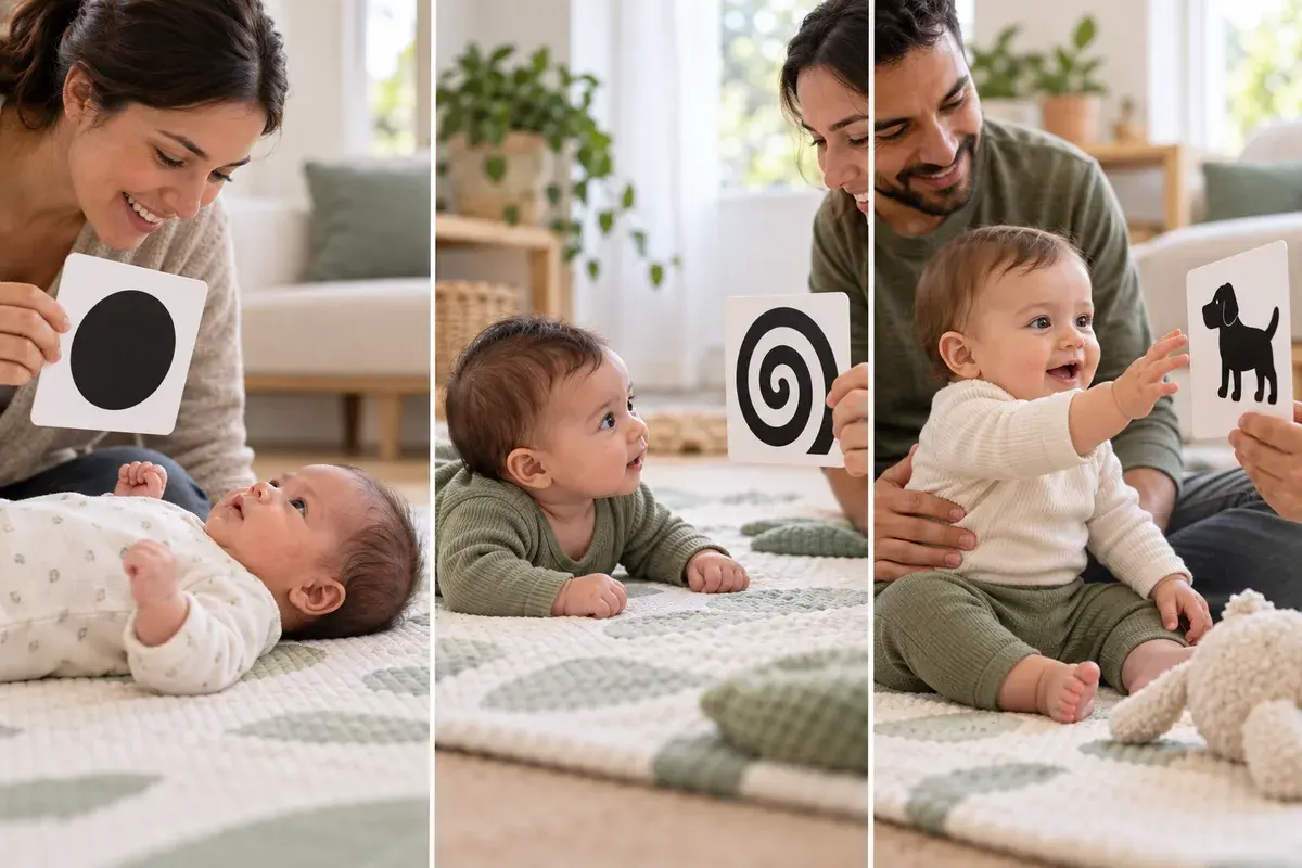 Three supervised baby-card scenes showing a simple circle, a spiral, and an animal silhouette as visual play changes with age