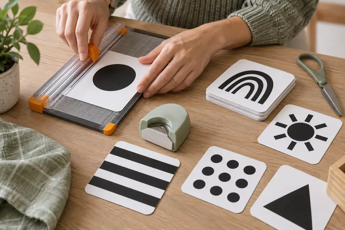 Adult using a paper trimmer and corner rounder to prepare printed black-and-white cards on a work table