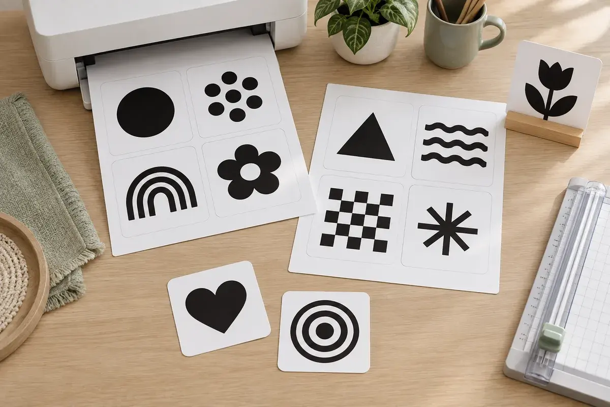 Printed black-and-white cards, rounded finished cards, and a card stand arranged safely on a table away from a baby
