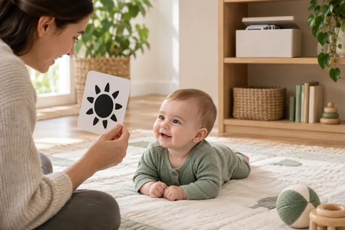 Adult holding a rounded black-and-white card during supervised play while a box of cards is stored out of reach
