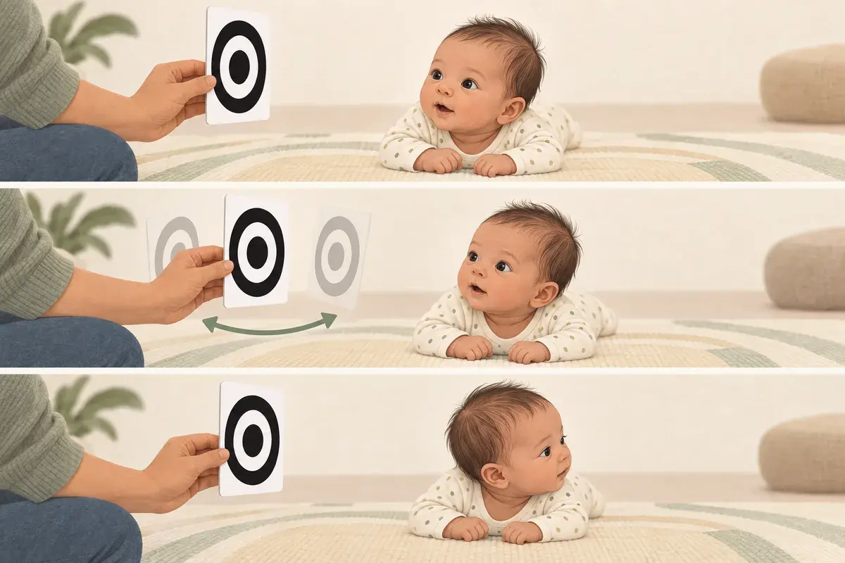 Three visual stages showing a caregiver holding a high-contrast card still, moving it slowly, and pausing when the baby looks away